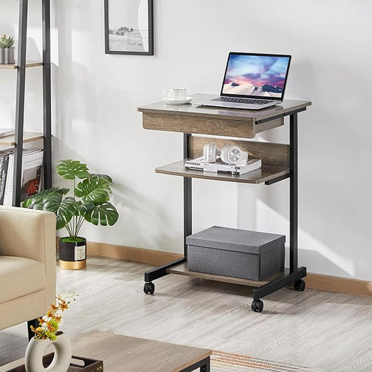 Yaheetech Small Rolling Computer Desk with Storage Drawer, Rolling Home Office Computer Desk with Keyboard Tray, Laptop Desk with Wheels and Drawer, Taupe Wood
