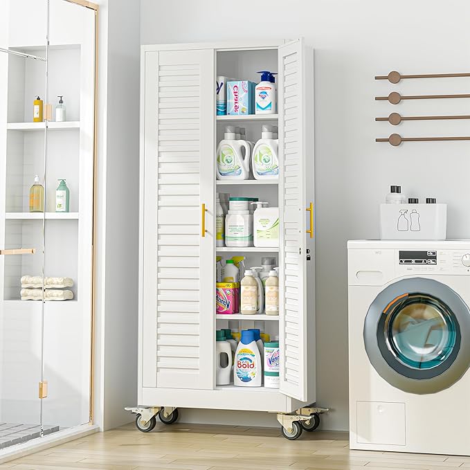 71” Metal Garage Storage Cabinet with Lock and Wheels, Metal Storage Cabinet with Louvered Door and 4 Adjustable Shelves, Rolling Tool Cabinet, Utility File Cabinet for Home Office - White