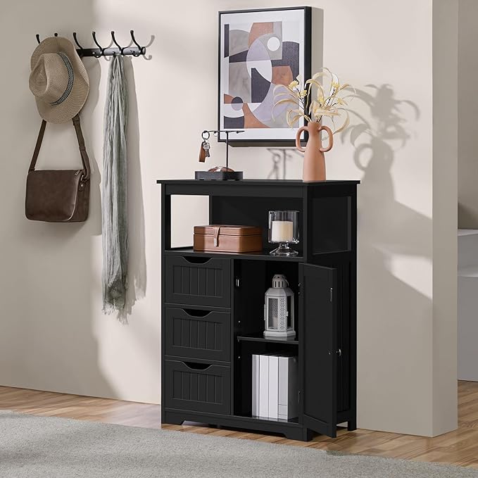 Yaheetech Bathroom Storage Cabinet Bathroom Floor Cabinet Freestanding Organizer and Storage with Door, 3 Drawers, Adjustable Shelf, 35.5 Inches Height, Black Cabinet