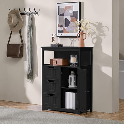 Yaheetech Bathroom Storage Cabinet Bathroom Floor Cabinet Freestanding Organizer and Storage with Door, 3 Drawers, Adjustable Shelf, 35.5 Inches Height, Black Cabinet