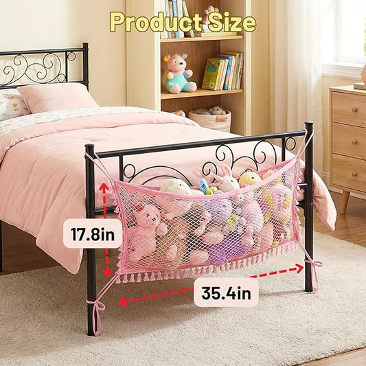 Ofiray-home Stuffed Animal Hammock, Bedside Stuffed Animal Storage Net Corner - Kids Nursery Wall Bedroom Home Decor, Cotton Bedside Toy Organizer Net with Tether, Stretches up to 36 In, Pink