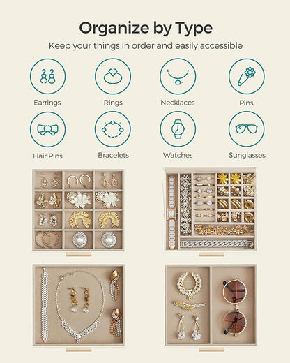 SONGMICS GISELLA Collection - Jewelry Box Organizer, 4-Layer Jewelry Storage with 3 Drawers, Shiny Metal Hardware, Glass Lid, Modern, 8 x 9.1 x 6.5 Inches, Cloud White and Gold Color UJBC173W01