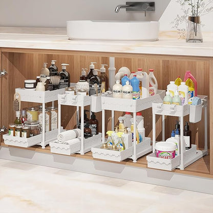 Under Sink Organizer, Bathroom Organizers and Storage, 2 Tier Multi-Use Pull Out Cabinet Organizer with Hang Hooks and Cups (White, 4 Pack)