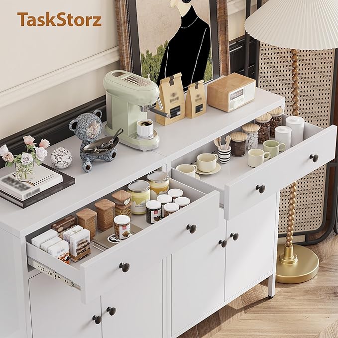 Metal Storage Cabinet with Drawer and Adjustable Shelf, 2-Piece Set White Steel Sideboard Buffet Cabinet, Coffee Bar Cabinet for Kitchen, Dining Room, Entryway