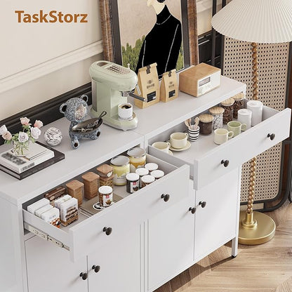 Metal Storage Cabinet with Drawer and Adjustable Shelf, 2-Piece Set White Steel Sideboard Buffet Cabinet, Coffee Bar Cabinet for Kitchen, Dining Room, Entryway