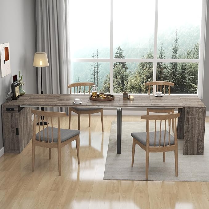 Extendable Dining Table, Transformer Console with Storage & Power Outlets, Space Saving Folding Table for 10-12 People, Modern Dining Furniture, Grey