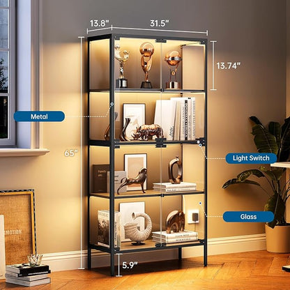 65" Glass Display Cabinet with 3-Color LED Light, Display Case with 4 Tempered Glass Doors and Shelves, Metal Frame Curio Storage Cabinet for Collectibles, Figures, Awards, Book, Toy (Black)