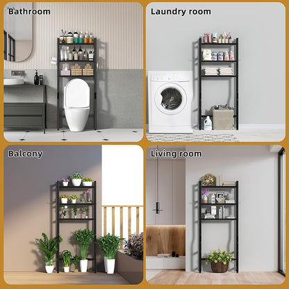 3 Tier Over The Toilet Storage Rack with Toilet Paper Holder, Metal Freestanding Bathroom Shelves with 4 Hooks, Over Toilet Storage Shelf for Bathroom Storage, Black