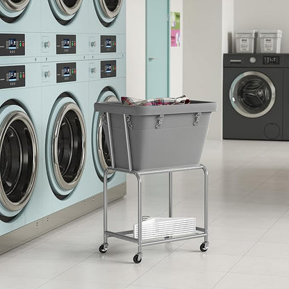 ELYKEN Rolling Laundry Hamper with Wheels, Laundry Cart with Removable Bag, Heavy Duty Metal Frame, 2-Tier Clothes Basket Hamper with Shelf for Closet, Bedroom, Bathroom, Laundry Room, Gray