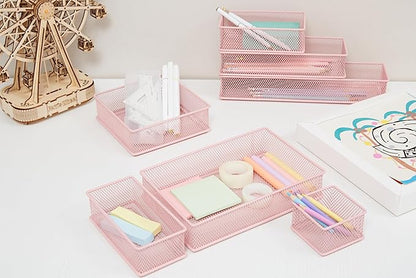 Annova Mesh Stackable Drawer Cabinet and Shelf Organizer Bins Storage Basket School Office Supply Holder Tray- Set of 2 (Light Pink, 6x6x2 Inch)