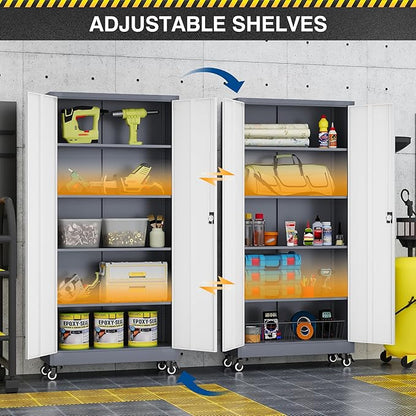 Metal Rolling Storage Cabinet-74.6” Tall Steel File Cabinets with Wheels Lockable Doors and Adjustable Shelves-Gray & White Steel Storage Cabinet for Home, School, Office, Garage