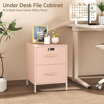 2 Drawer End Side Table with Lock Metal Nightstand, Lockable Storage Cabinet Kids Cabinet for Living Room, Bedroom, Dorm, 21.26”H X 15.75”W X 15.75”D (2 Drawer, Pink)