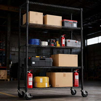 1750LBS 47.2" W 5 Tiers Storage Shelves Metal Shelving Unit with Wheels Heavy Duty Garage Shelving Adjustable Wire Shelves for Pantry,Kitchen,Garage,Basement,Black 17.7" D x 47.2" W x 76.8" H
