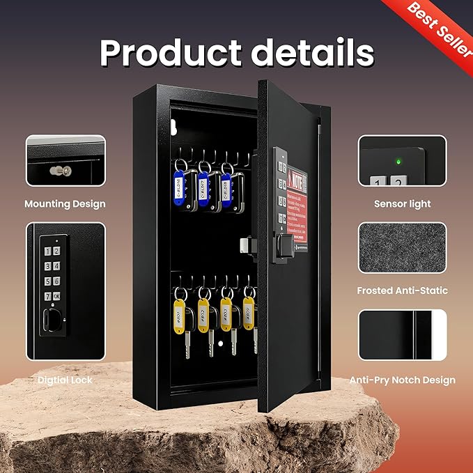 Grimtron Key Lock Box for Keys with Code, Key Box Wall Mount Cabinet, Electronic Lock, Private/Public Mode, 40 Keys, Black