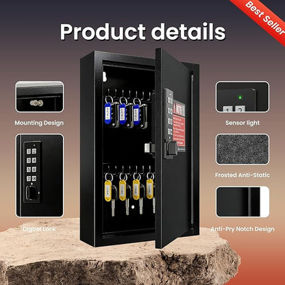 Grimtron Key Lock Box for Keys with Code, Key Box Wall Mount Cabinet, Electronic Lock, Private/Public Mode, 40 Keys, Black