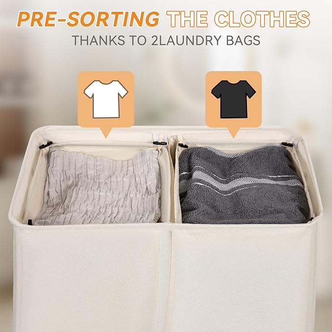 Chrislley 140L Laundry Hamper 2 Section, Double Laundry Basket with Lid, Large Dirty Clothes Hamper with Removable Liner Bags, Collapsible Laundry Organizer for Bedroom, Dorm,Beige