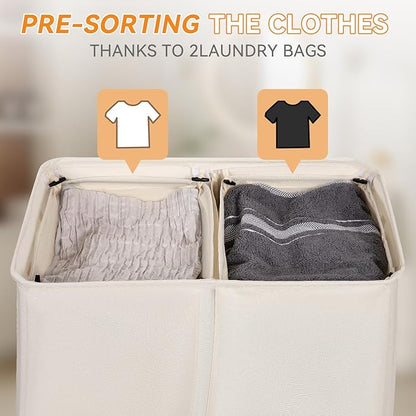 Chrislley 140L Laundry Hamper 2 Section, Double Laundry Basket with Lid, Large Dirty Clothes Hamper with Removable Liner Bags, Collapsible Laundry Organizer for Bedroom, Dorm,Beige