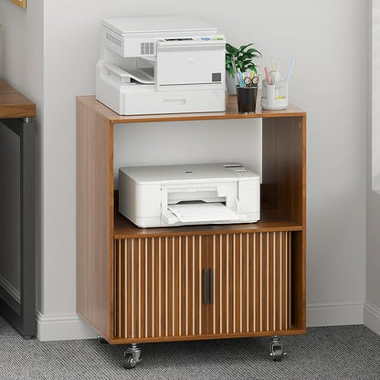 Printer Stand with Storage, File Cabinets with Sliding Doors, Rolling Printer Cart Under Desk with Open Storage Shelf for Home Office, Workspace (Walnut, 23.62" L)