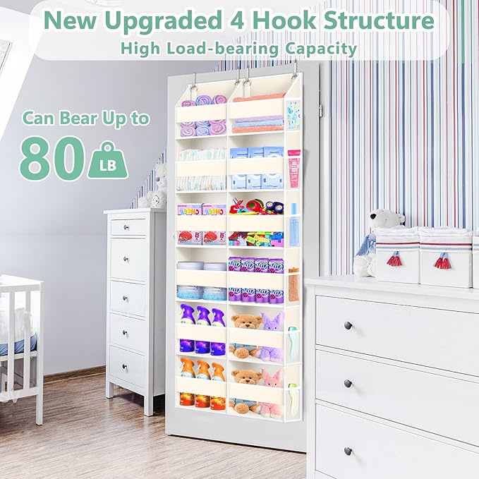 Heavy Duty Over The Door Organizer 6 Tiers, Extra Large Behind Door Storage of 12 Big Front & 12 Mesh Pockets, 80lb Weight Capacity, Hanging Doors Storage Organizer for Closet Bedroom Nursery, Beige