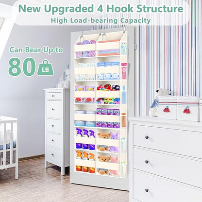 Heavy Duty Over The Door Organizer 6 Tiers, Extra Large Behind Door Storage of 12 Big Front & 12 Mesh Pockets, 80lb Weight Capacity, Hanging Doors Storage Organizer for Closet Bedroom Nursery, Beige