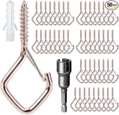 50 Pcs Outdoor Hooks for String Lights,Screw Hooks for Hanging Plants,Ceiling Hooks with Safety Buckle,Square Hanger for Wind Chimes,Bird Feeder,Lanterns,Christmas Decorations (Rose Gold)