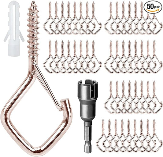 50 Pcs Outdoor Hooks for String Lights,Screw Hooks for Hanging Plants,Ceiling Hooks with Safety Buckle,Square Hanger for Wind Chimes,Bird Feeder,Lanterns,Christmas Decorations (Rose Gold)