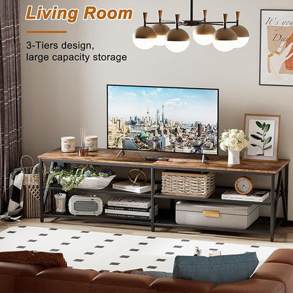 TV Stand for TVs up to 75 Inch, 70" Long Industrial TV Console Table with 3-Tier Storage Shelves, Entertainment Center for Living Room, Bedroom (Brown)