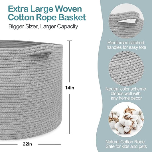 Extra Large Grey Storage Basket, 22" X 22" X 14" XXXL Blanket Basket for Living Room, Gray Wicker Woven Cotton Rope Baskets for Storage, Kids Toy Baskets Bins, Decorative Pillow Towel Basket