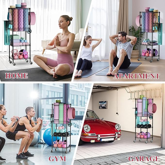 VOPEAK Home Gym Storage Rack with Wheels, Yoga Mat Storage Organizer for Kettlebells, Dumbbells, Resistance Bands, Space Saving 3-Tier Weight Rack for Home Gym, Garage, Easy to Install