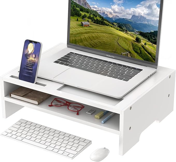 Bambloom Monitor Stand Riser with Storage Organizer Desktop with Cooling Holes Bamboo Laptop Riser Shelf for Office and Home Use 16.7x11.8x5 inch (White)