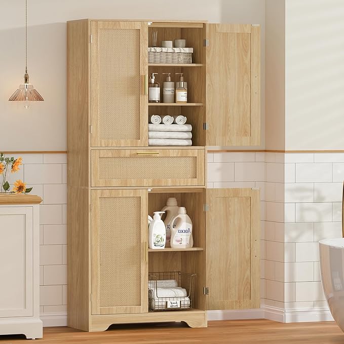 Iwell Tall Storage Cabinet with 2 Adjustable Shelves & Large Drawer, Rattan Cabinet with 4 Doors, Pantry Cabinets for Dining Room, Living Room, Home Office, Natural
