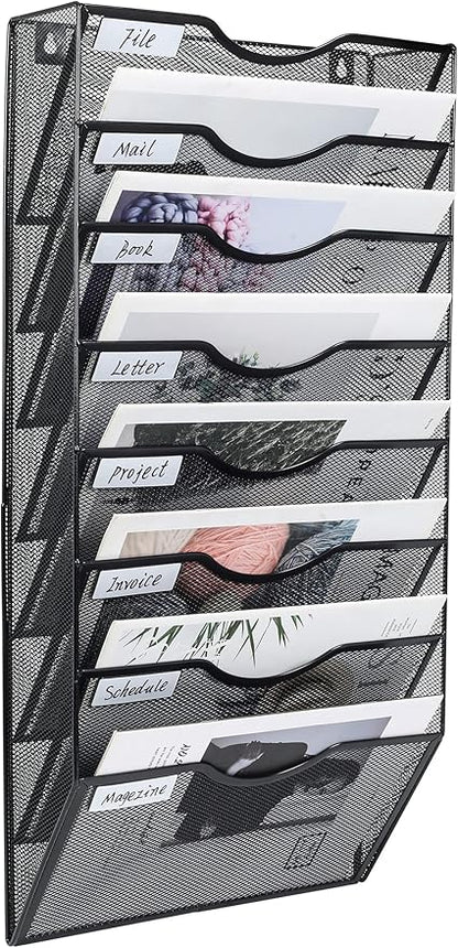 PAG Hanging Wall File Holder Organizer Mail Sorter Literature Rack for Office, 8 Pockets, Black