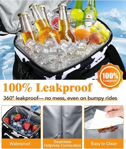 Insulated Lunch Bag for Women, Double Leakproof Lunch Box Soft Cooler Tote with 5 Pockets, 600D Oxford, EVA Lining, Adjustable Strap for Work, Picnic, Beach&Travel-Cow Print