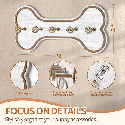 MTERSN Rustic Farmhouse Dog Leash Holder for Wall - Decorative Key Hooks Wall Mount with Bone Shape and Coat Hanger for Entryway - Pets Accessories Storage for Dog Lover Gifts (Distressed White)