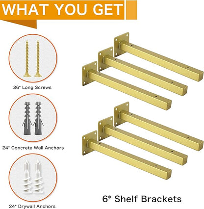 6 Pcs Gold Shelf Bracket 10 Inch Heavy Duty Brackets for Shelf Metal Wall Floating Shelving Brackets Industrial Shelf Brackets for Space Saving