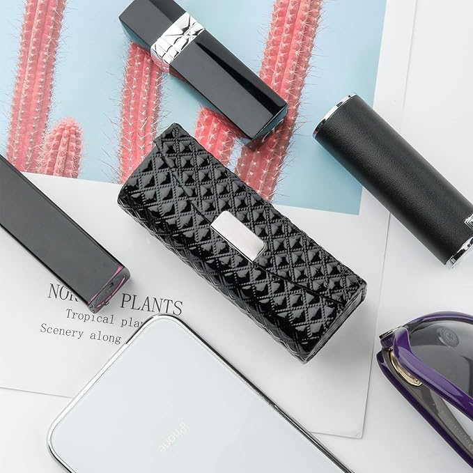 Beautyflier Women’s PU Leather Lipstick Case Holder with Mirror Rectangle Makeup Travel Cases for Purse Lipstick Holder (Black)