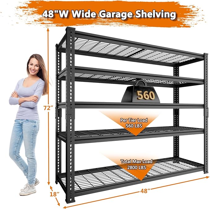 Storage Shelves Heavy Duty, 48" L x 18" W x 72" H Garage Wire Shelving Unit Loads 2800LBS, 5-Tier Adjustable Metal Industrial Utility Shelf Rack for Kitchen, Laundry Room, Pantry, Warehouse, Basement