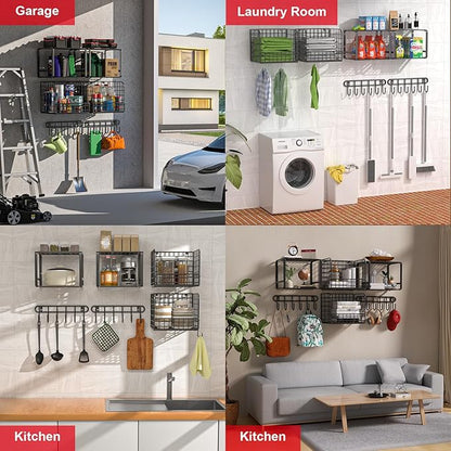 TomCare 2 Pack Garage Shelving Heavy Duty Garage Storage Shelves with Wire Baskets Laundry Room Shelves Wall Mounted shelving Tool Organizer for Shed Garden Kitchen Organization and Storage
