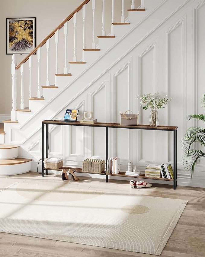 78.7" Narrow Console Table with Charging Station, Behind Couch Table with 2 AC Outlets, 1 USB and 1 Type-C Port for Hallway, Living Room, Foyer, Rustic Brown and Black TXG02UBF
