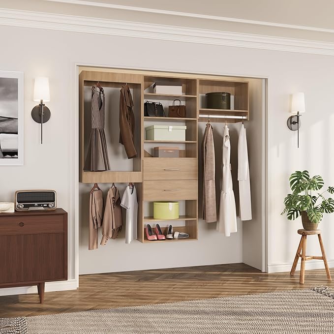 ROOMTEC Modular Closet System, 84" Wall Mounted Modern Closet Organizer with Hanging Rods and Drawers, Wooden Tower for Walk-In Closets, Wardrobe Storage Kit, Wood