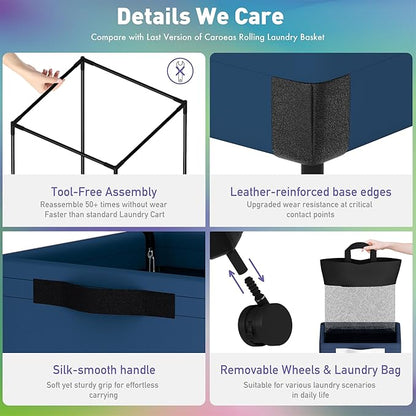 Caroeas Next-Gen 105L Matel Frame Laundry Basket with wheels, Heavy Duty Tall Rolling Laundry Hamper with Removable Wash Bag, Collapsible Freestanding Clothes Hamper (105L,Navy Blue,1Pack)