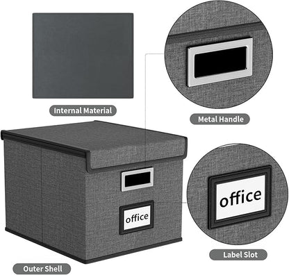 Huolewa File Organizer Box with Lid, Collapsible File Folder Organizer for Office Document Storage, Filing Box with Plastic Slide for Letter/Legal Size Hanging Files, Dark Grey