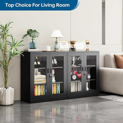 Display Cabinet with Acrylic Doors, 35.4 Inches Metal Curio Storage Cabinet with 2 Adjustable Shelves, Locking Display Case for Home, Office, Clinic, Pantry, Assemble Required (Black)