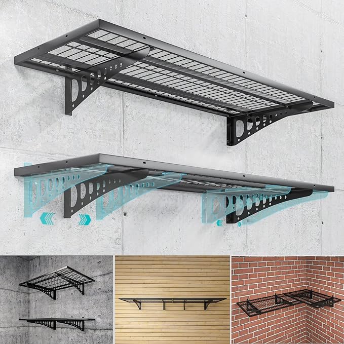 2-Pack 1.5×3.8ft(18×45.6 inch) Garage Wall Shelving, 500 lbs Load Capacity, Garage Wall Mounted Shelves, Heavy Duty Shelf with Hooks, Black