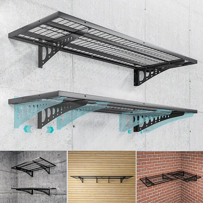 2-Pack 1.5×3.8ft(18×45.6 inch) Garage Wall Shelving, 500 lbs Load Capacity, Garage Wall Mounted Shelves, Heavy Duty Shelf with Hooks, Black