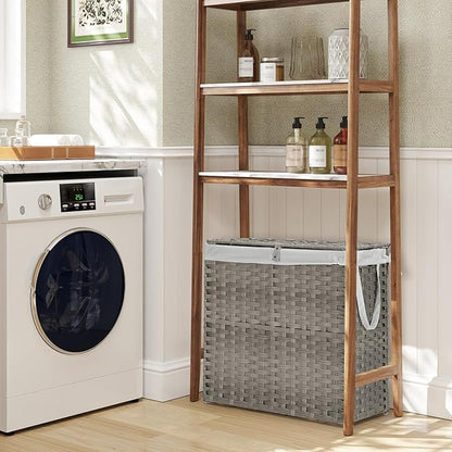 DUMOS Wicker Laundry Basket with Lid, 29.6 Gallon (112L) Woven Laundry Hamper with Handles, Foldable Rattan Clothes Hamper with Removable Liner & Sturdy Steel Frame, Dove Gray