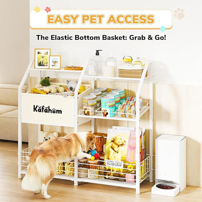 KAFAHOM Dog Toy Basket, Large Dog Toy Bin with Can Dispenser, Pet Toy box with Storage Shelf, Dog Stuff with Collar Leash Holder Rod, Ultimate Pet Furniture & Essentials, Dog Lover Gifts
