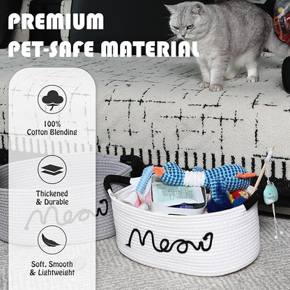 Sea Team Cat Toy Storage Basket with Handles, 16.5 x 11 x 7 Inches, 4.4 Gallons Large Cotton Rope Storage Bin, Shelf Basket, Organizer for Pet Chew Toys, Foods, White Meow