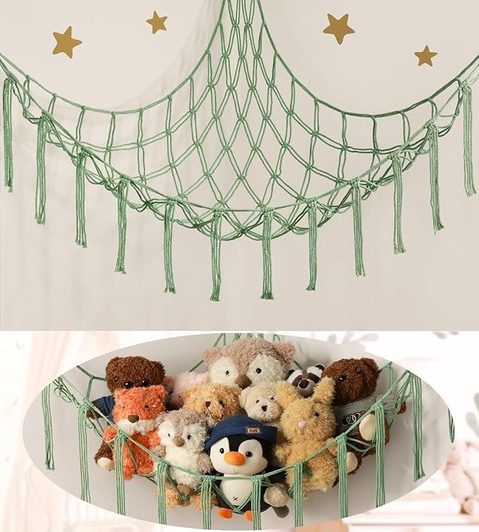 Stuffed Animal Hammock Corner Net for Toys Storage Hanging Stuff Animal Organizer Holder Matcha Green Room Bedroom Nursery Decor Organization