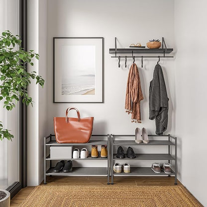 Seville Classics Sturdy Freestanding Storage Shelf for Bedroom, Closet, Entryway, Dorm Room Organizer Stackable Durable Metal Shoe Rack Ash Gray Slat, 3-Tier